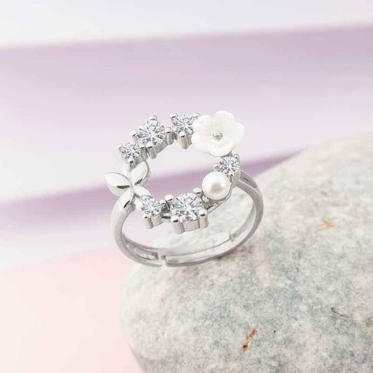 Adjustable Magnolia Flower Women's Silver Ring
