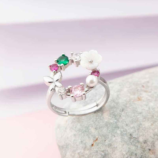 Adjustable Colorful Magnolia Flower Women's Silver Ring