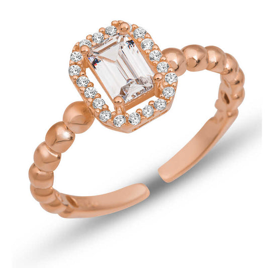 Bague ajustable en argent pour femme avec pierre baguette blanche rose