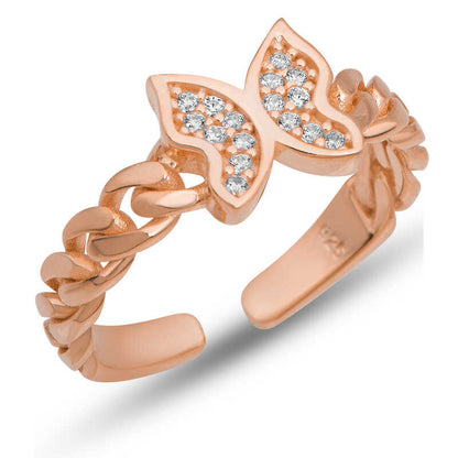 Adjustable Rose Butterfly Women's Silver Ring