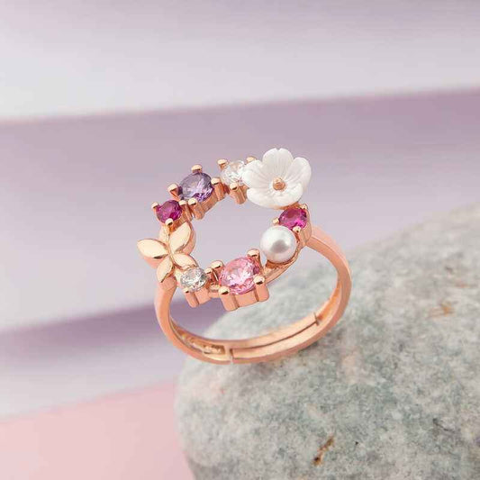 Adjustable Rose Magnolia Flower Women's Silver Ring