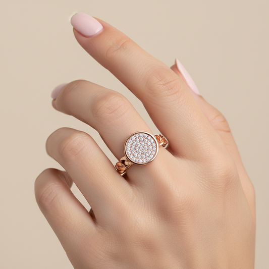 Adjustable Round Zircon Stone Rose Plated Silver Women's Ring