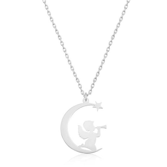 Angel Sitting on the Moon Women's Silver Necklace