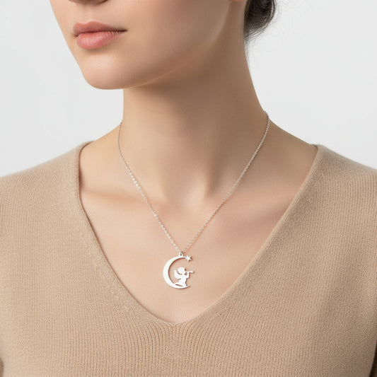 Engel sitzt auf dem Mond Damen Silber Halskette