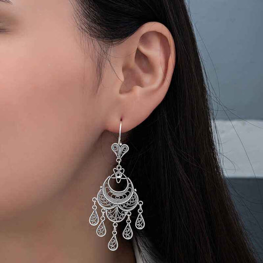 Crescent Moon Star Filigree Dangle Women's Silver Earrings
