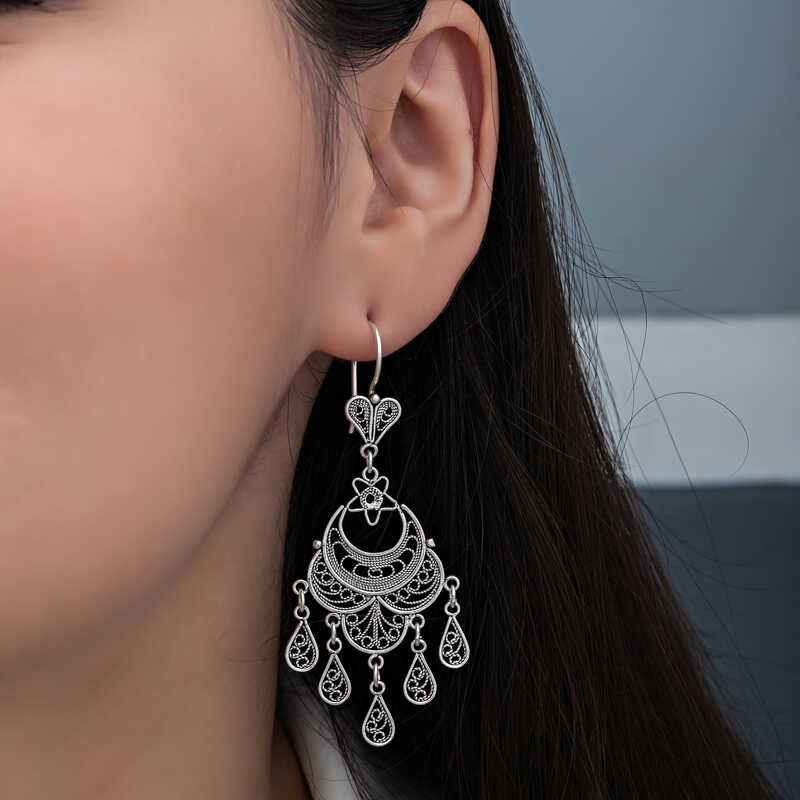 Crescent Moon Star Filigree Dangle Women's Silver Earrings