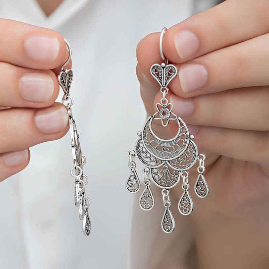 Crescent Moon Star Filigree Dangle Women's Silver Earrings