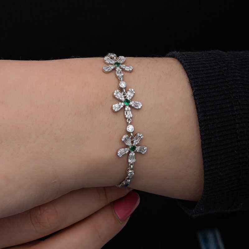 Baguette Flower Pattern Women's Silver Bracelet