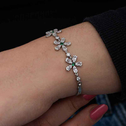 Baguette Flower Pattern Women's Silver Bracelet