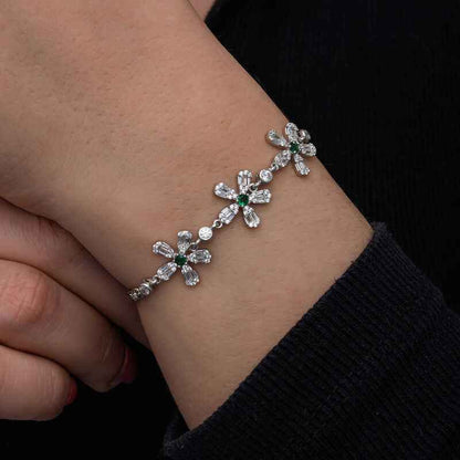 Baguette Flower Pattern Women's Silver Bracelet