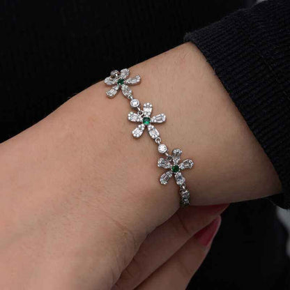 Baguette Flower Pattern Women's Silver Bracelet