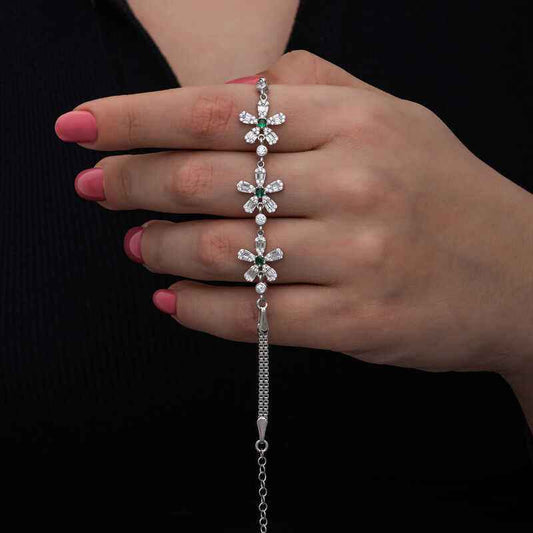 Baguette Flower Pattern Women's Silver Bracelet