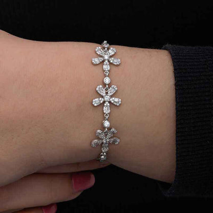 Baguette Flower Pattern Women's Silver Bracelet