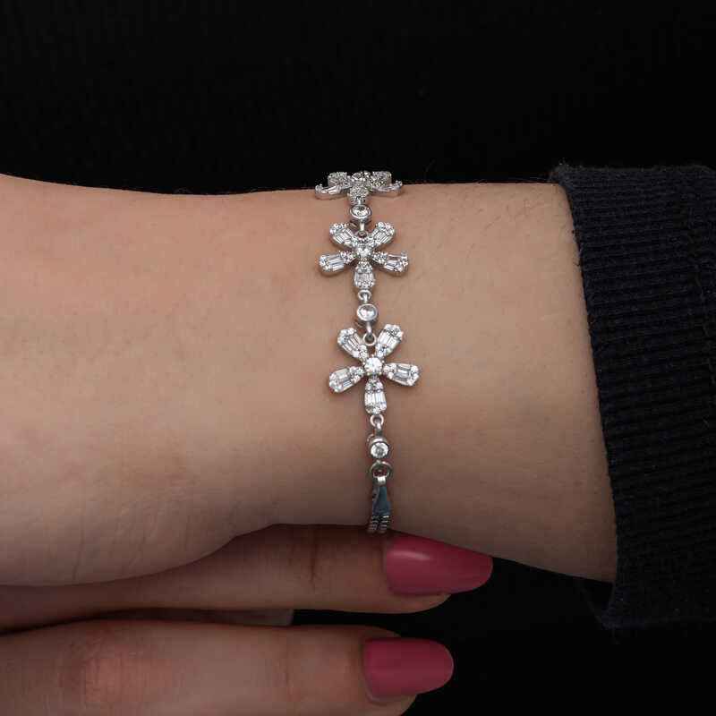 Baguette Flower Pattern Women's Silver Bracelet