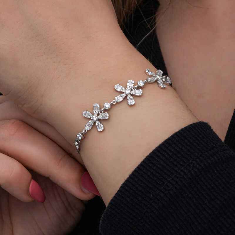 Baguette Flower Pattern Women's Silver Bracelet