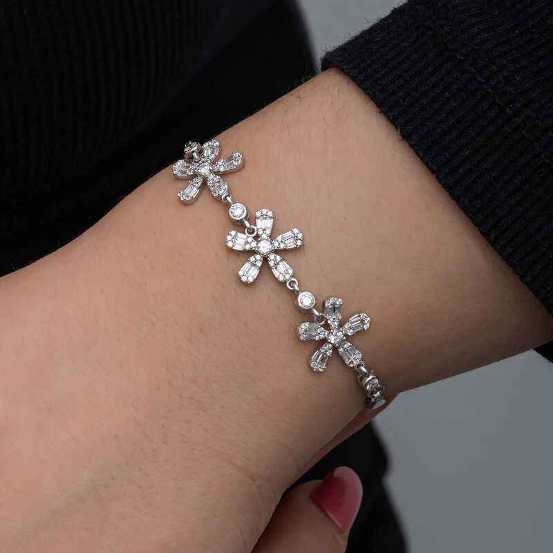 Baguette Flower Pattern Women's Silver Bracelet