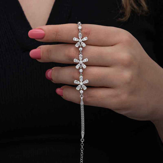 Baguette Flower Pattern Women's Silver Bracelet