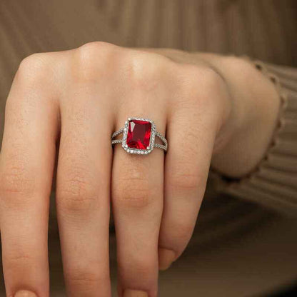 Red Baguette Square Women's Silver Ring