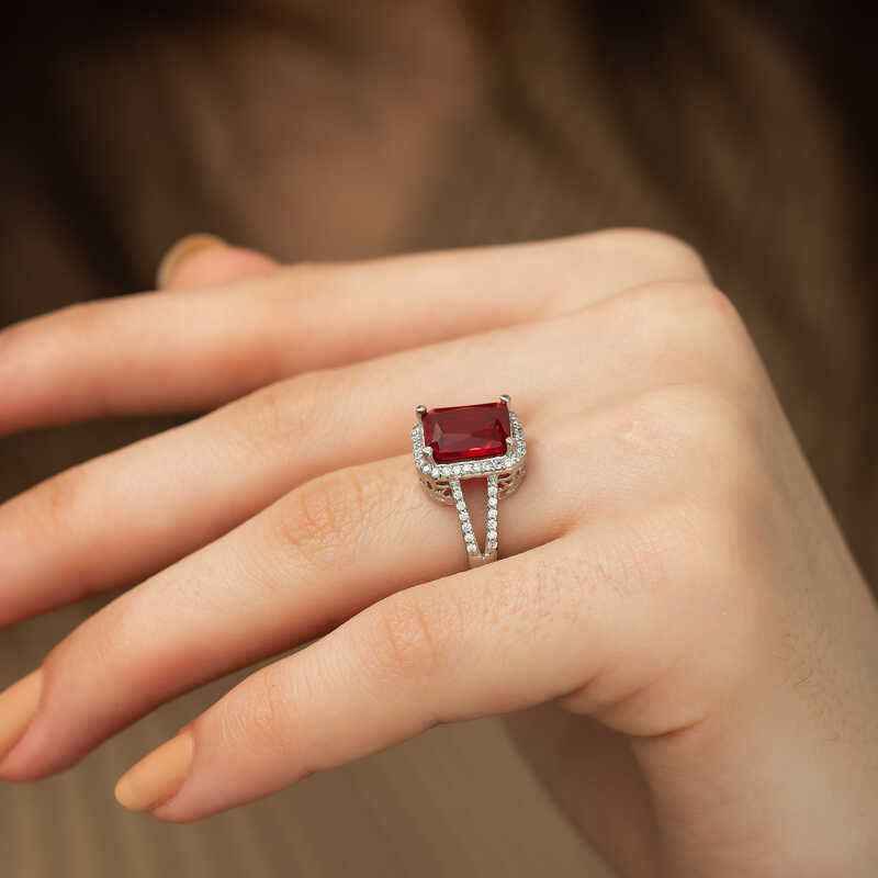 Red Baguette Square Women's Silver Ring
