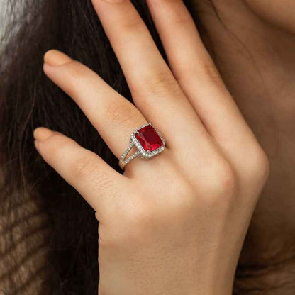 Red Baguette Square Women's Silver Ring