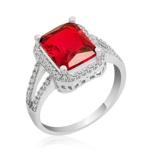 Red Baguette Square Women's Silver Ring