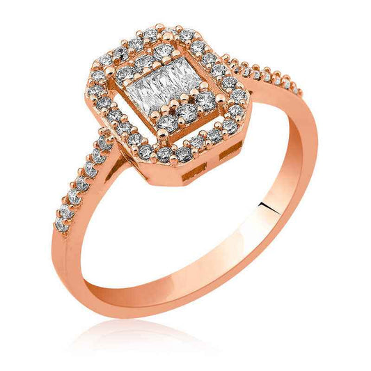 Rose Plated Baguette Cut Women's Silver Ring