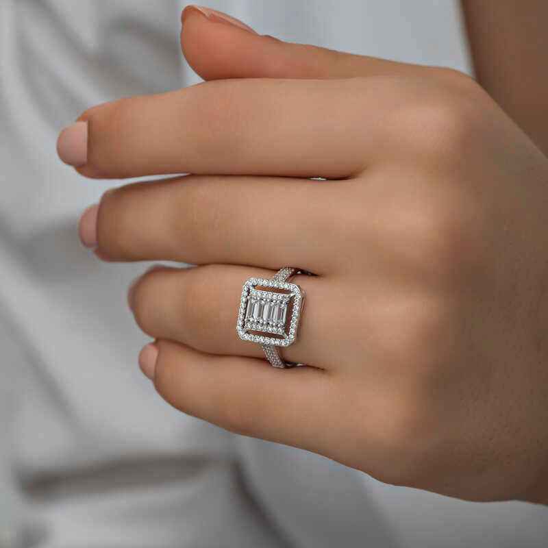 Baguette Cut Women's Silver Ring
