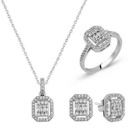Baguette Stone Women's Silver Set