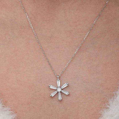Baguette Stone Flower Women's Silver Necklace