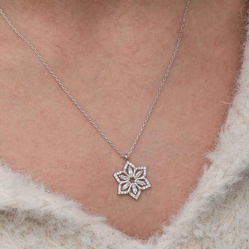 Baguette Stone Flower Women's Silver Necklace