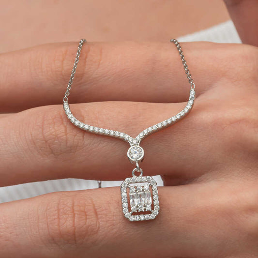 Baguette Stone Necklace Model Women's Silver Necklace