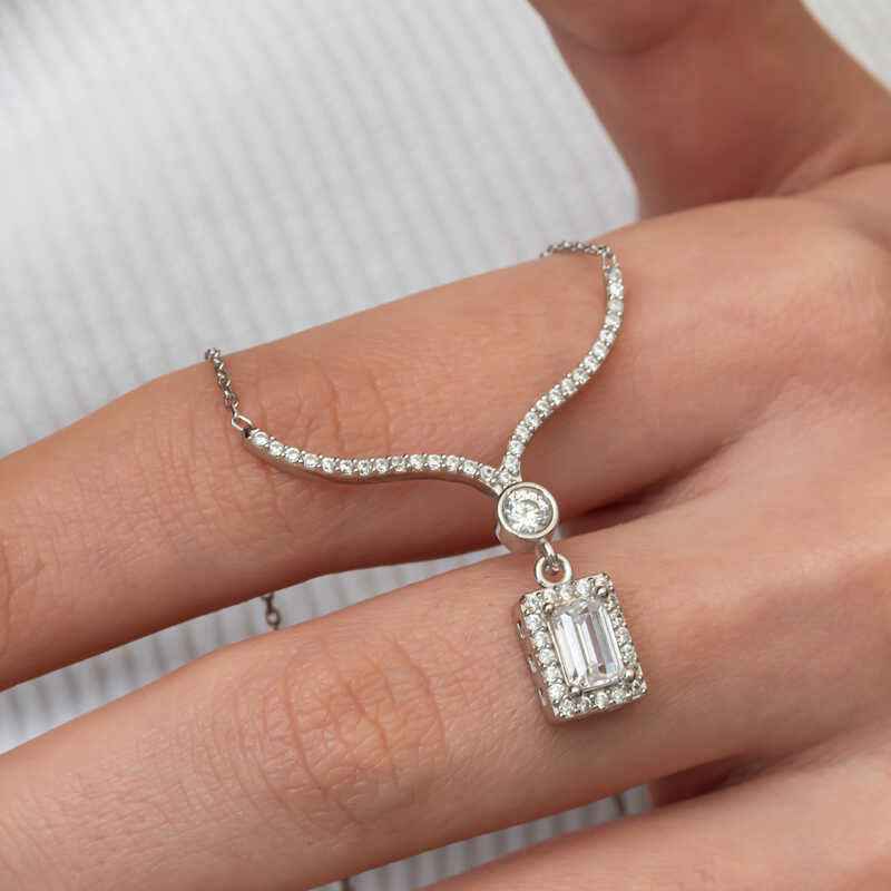 Baguette Stone Necklace Model Women's Silver Pendant