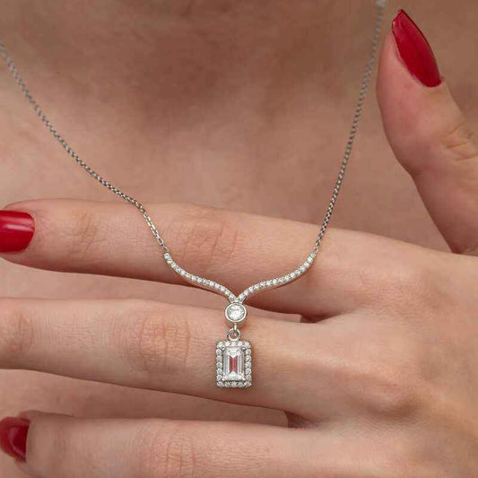 Baguette Stone Necklace Model Women's Silver Pendant