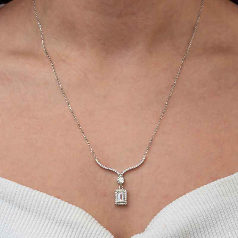 Baguette Stone Necklace Model Women's Silver Pendant