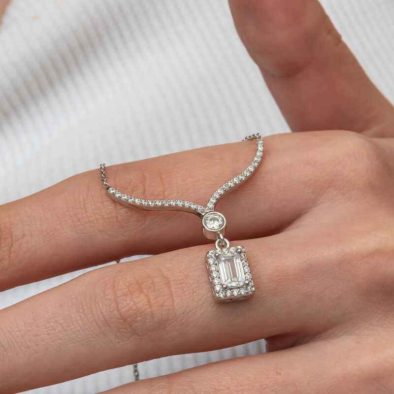 Baguette Stone Necklace Model Women's Silver Pendant