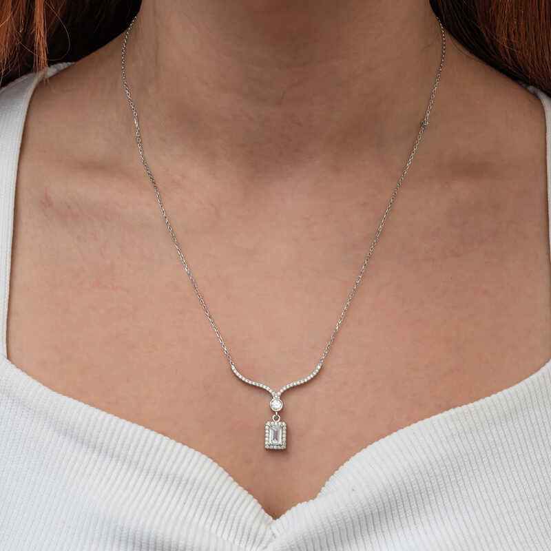 Baguette Stone Necklace Model Women's Silver Pendant
