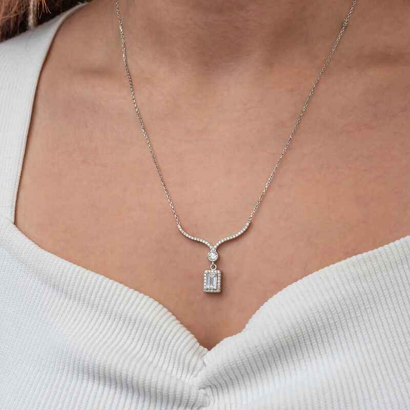 Baguette Stone Necklace Model Women's Silver Pendant