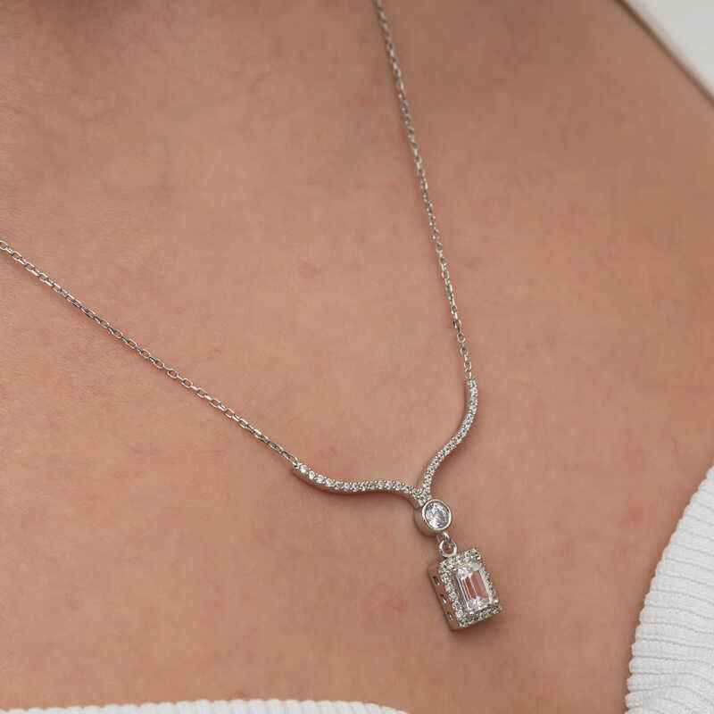 Baguette Stone Necklace Model Women's Silver Pendant