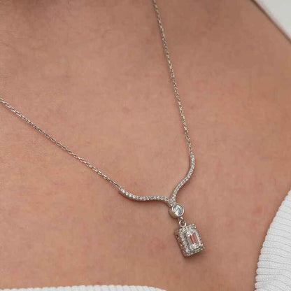 Baguette Stone Necklace Model Women's Silver Pendant