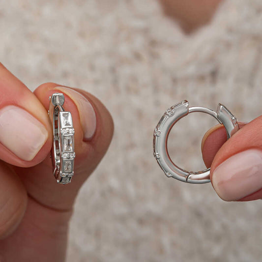 Baguette Stone Hoop Women's Silver Earring