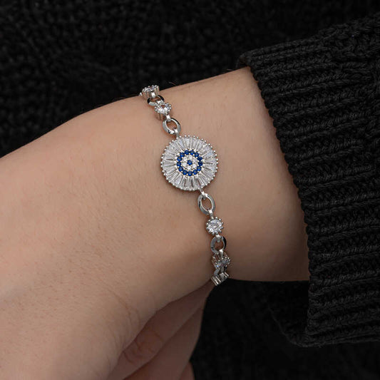 Baguette Stone Evil Eye Women's Silver Bracelet