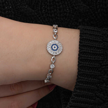 Baguette Stone Evil Eye Women's Silver Bracelet