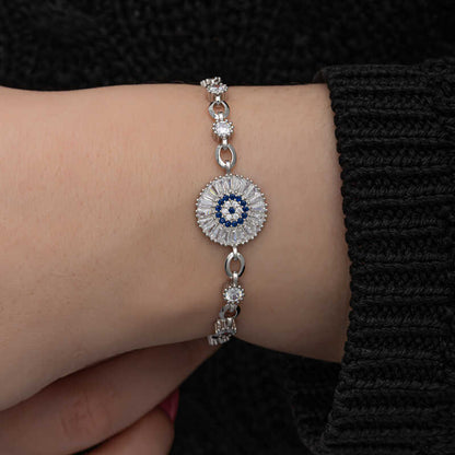 Baguette Stone Evil Eye Women's Silver Bracelet