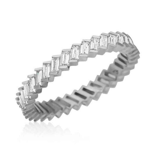 Baguette Stone Rhodium Full Hoop Women's Silver Ring