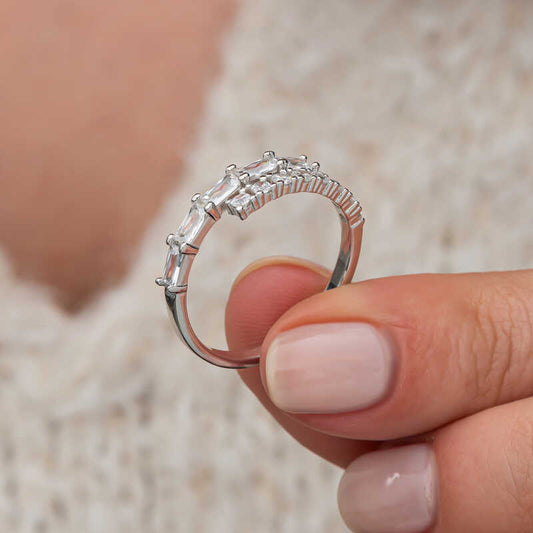 Baguette Stone Half-Hoop Women's Silver Ring
