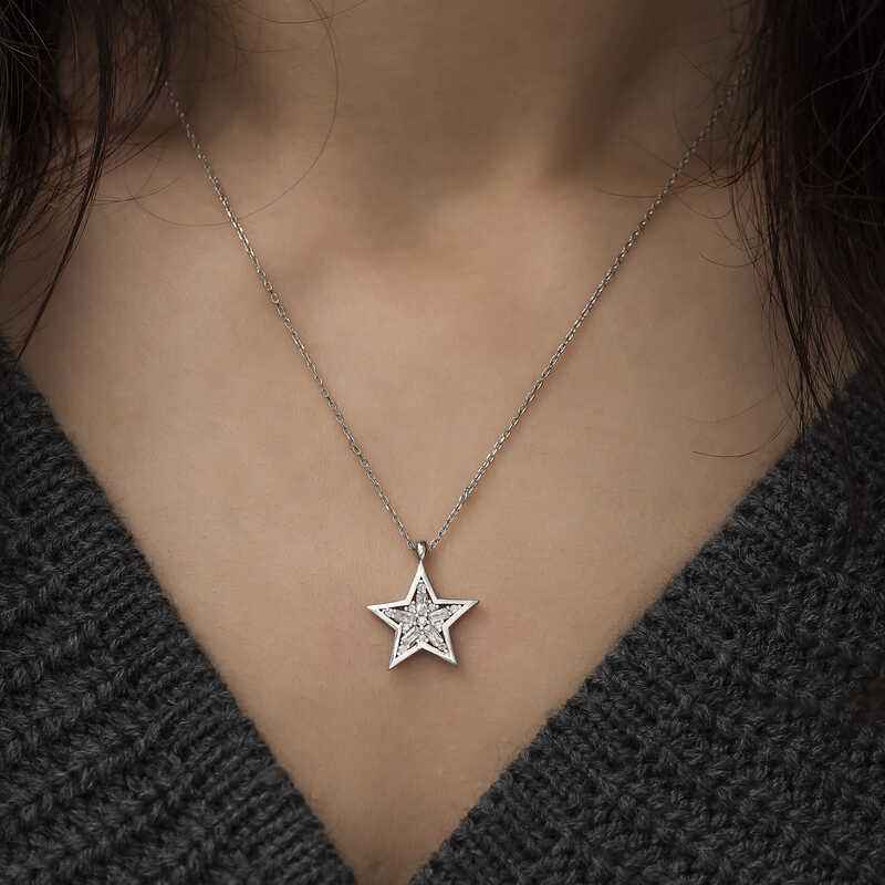 Baguette Stone Star Silver Necklace