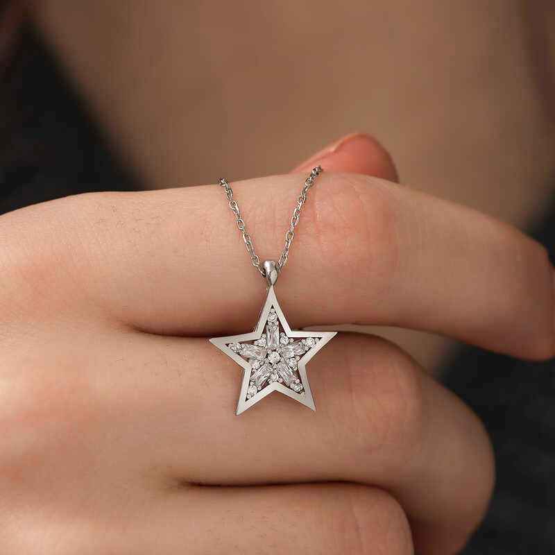 Baguette Stone Star Silver Necklace