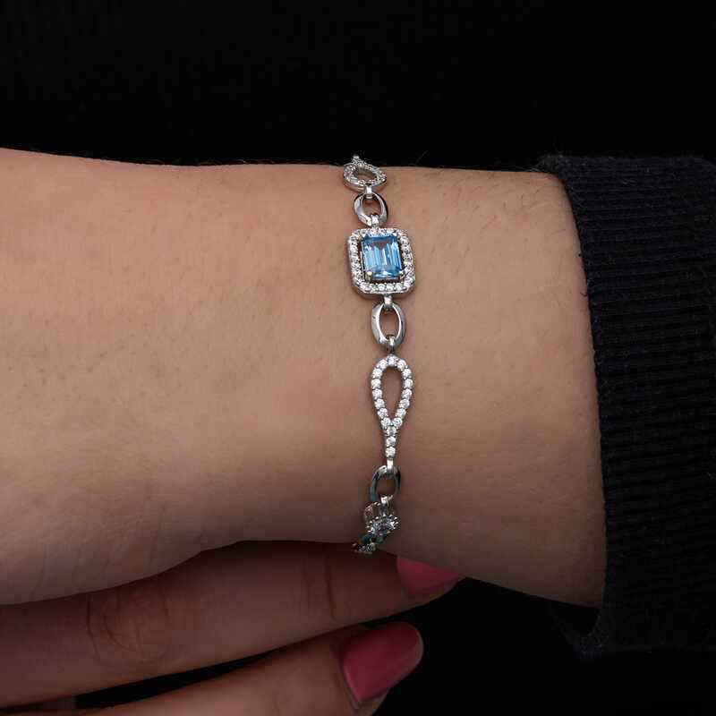 Baguette Turquoise Stone Women's Silver Bracelet