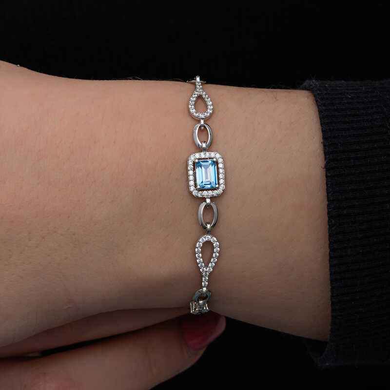 Baguette Turquoise Stone Women's Silver Bracelet