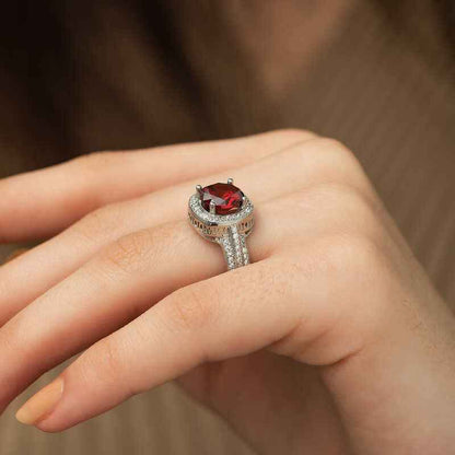 Red Baguette Round Women's Silver Ring